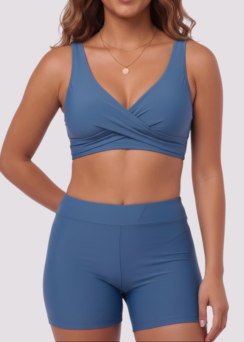 Swim Shortini Set with Lace Up Back - Dusty Blue-Cheekkah