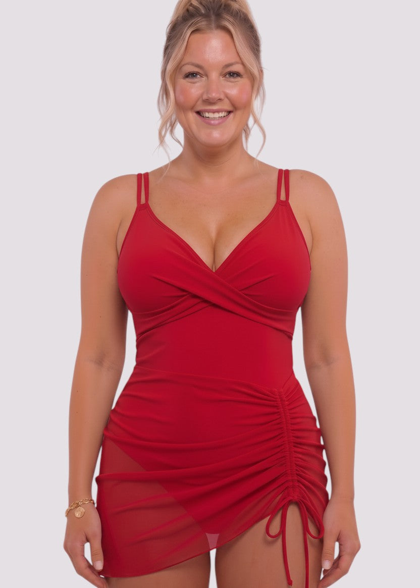 Swim Dress with Mesh Adjustable Drawstring - Red-Cheekkah