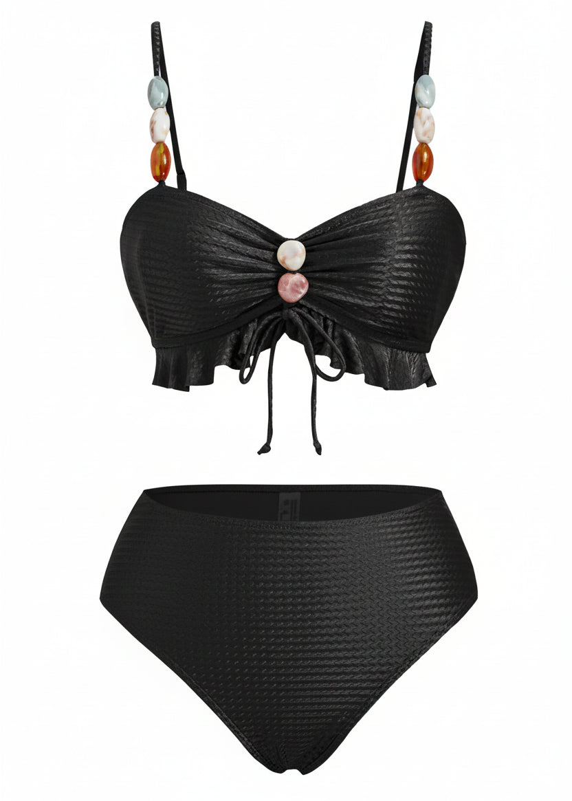 Textured Ruffle Bikini Set with Earthstones - Black-Cheekkah