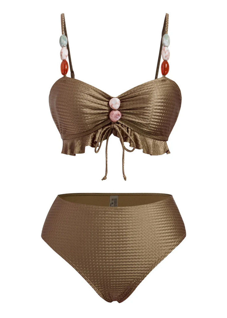 Textured Ruffle Bikini Set with Earthstones - Mocha-Cheekkah