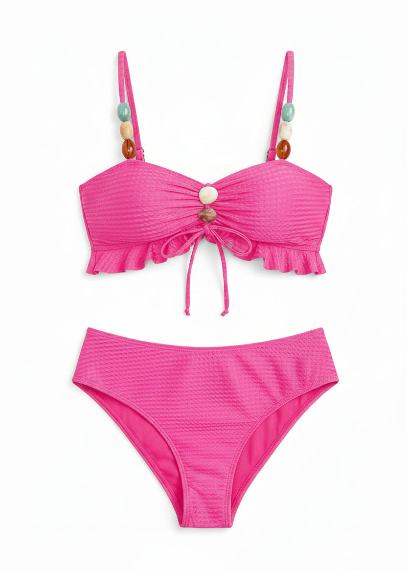 Textured Ruffle Bikini Set with Earthstones - Pink-Cheekkah