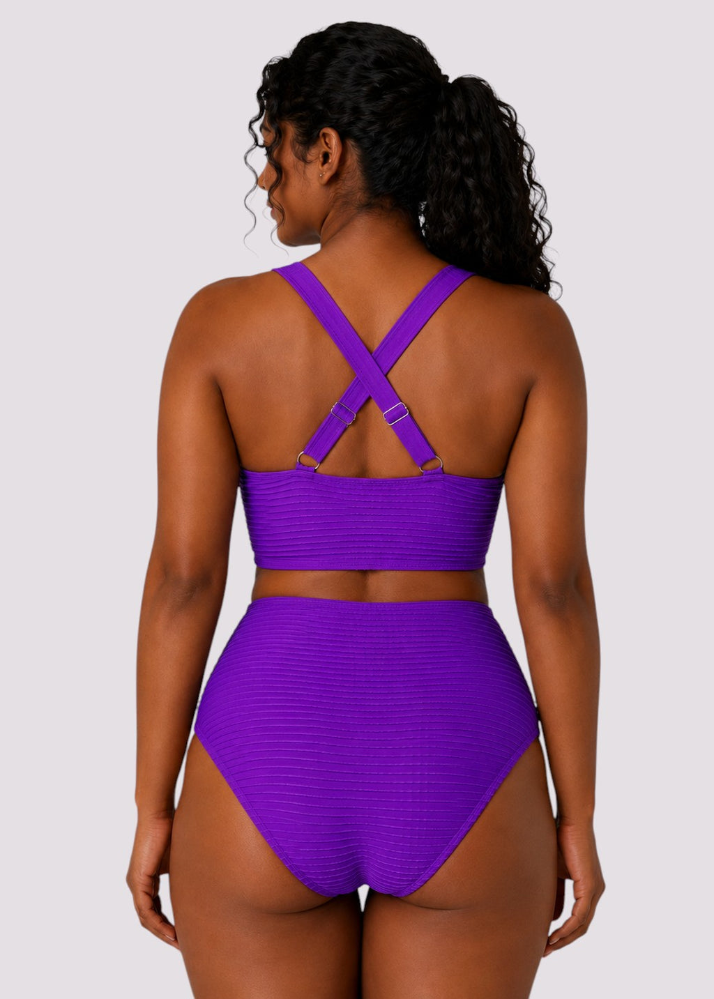 Textured High Waisted Twist Front Bikini Set - Purple