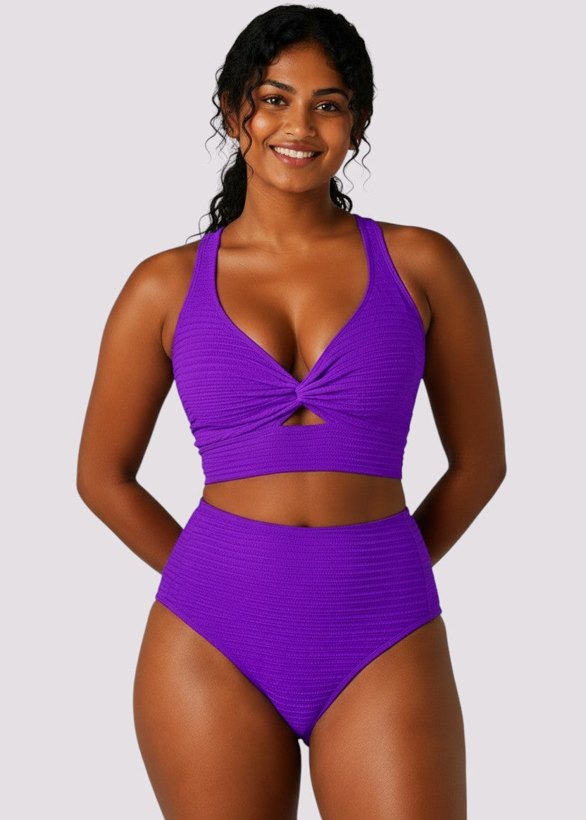 Textured High Waisted Twist Front Bikini Set - Purple