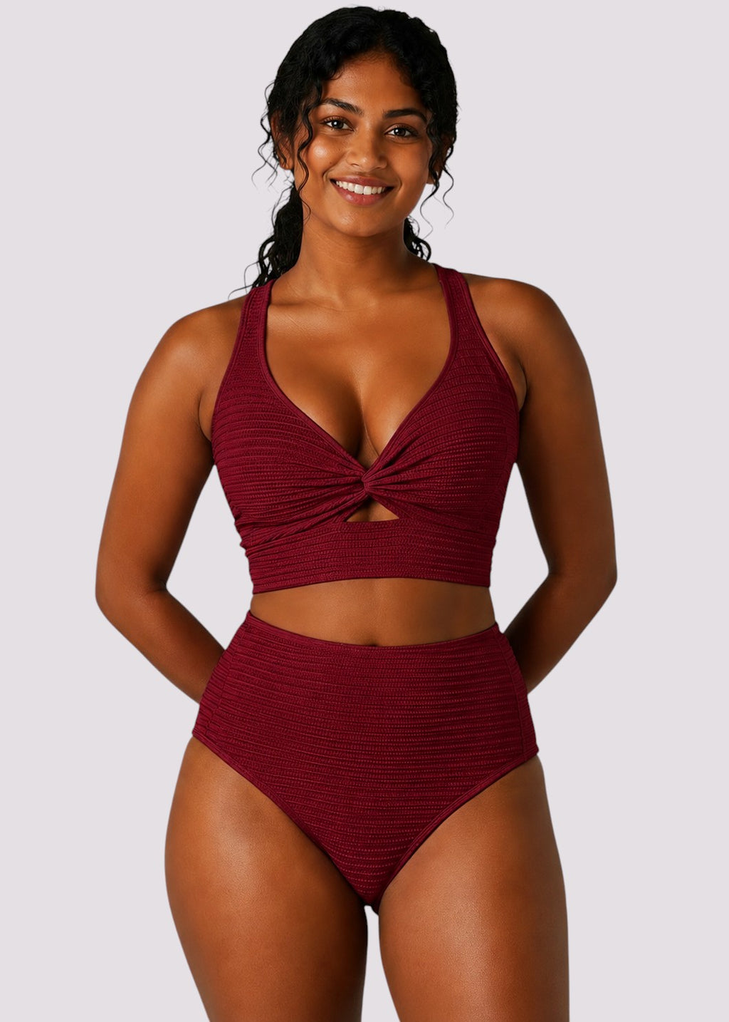 Textured High Waisted Twist Front Bikini Set - Wine Red