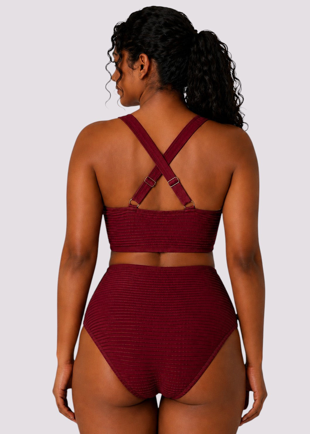 Textured High Waisted Twist Front Bikini Set - Wine Red
