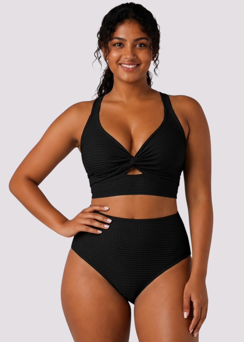 Textured High Waisted Twist Front Bikini Set - Black-Cheekkah