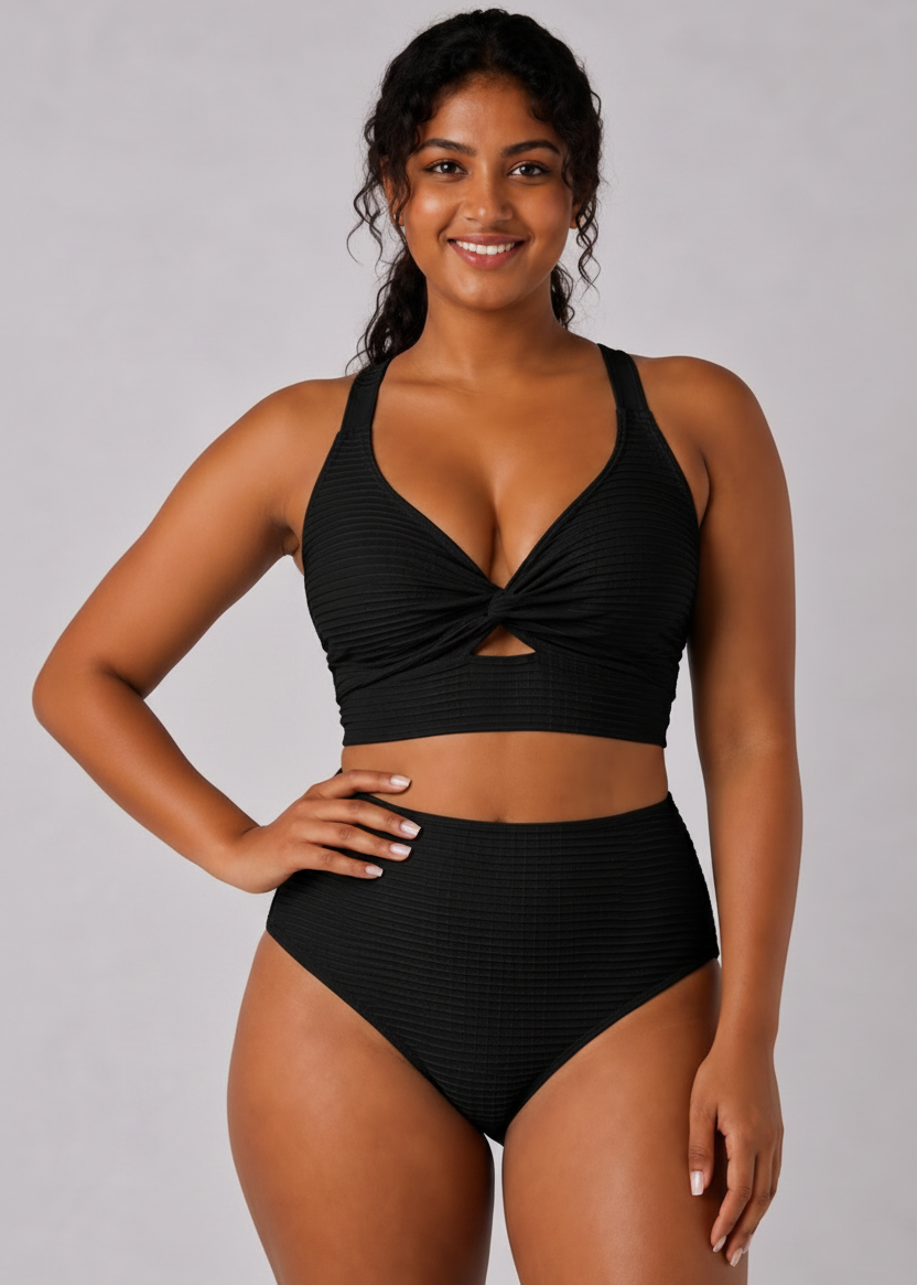 Textured High Waisted Twist Front Bikini Set - Black-Cheekkah