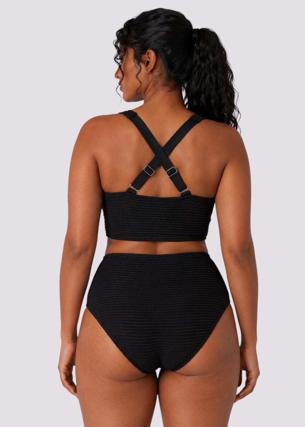 Textured High Waisted Twist Front Bikini Set - Black-Cheekkah