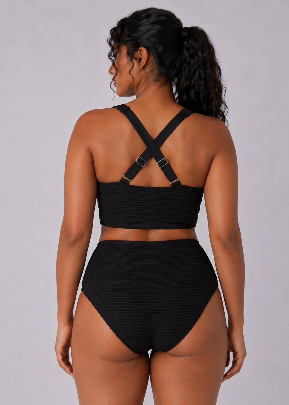 Textured High Waisted Twist Front Bikini Set - Black-Cheekkah