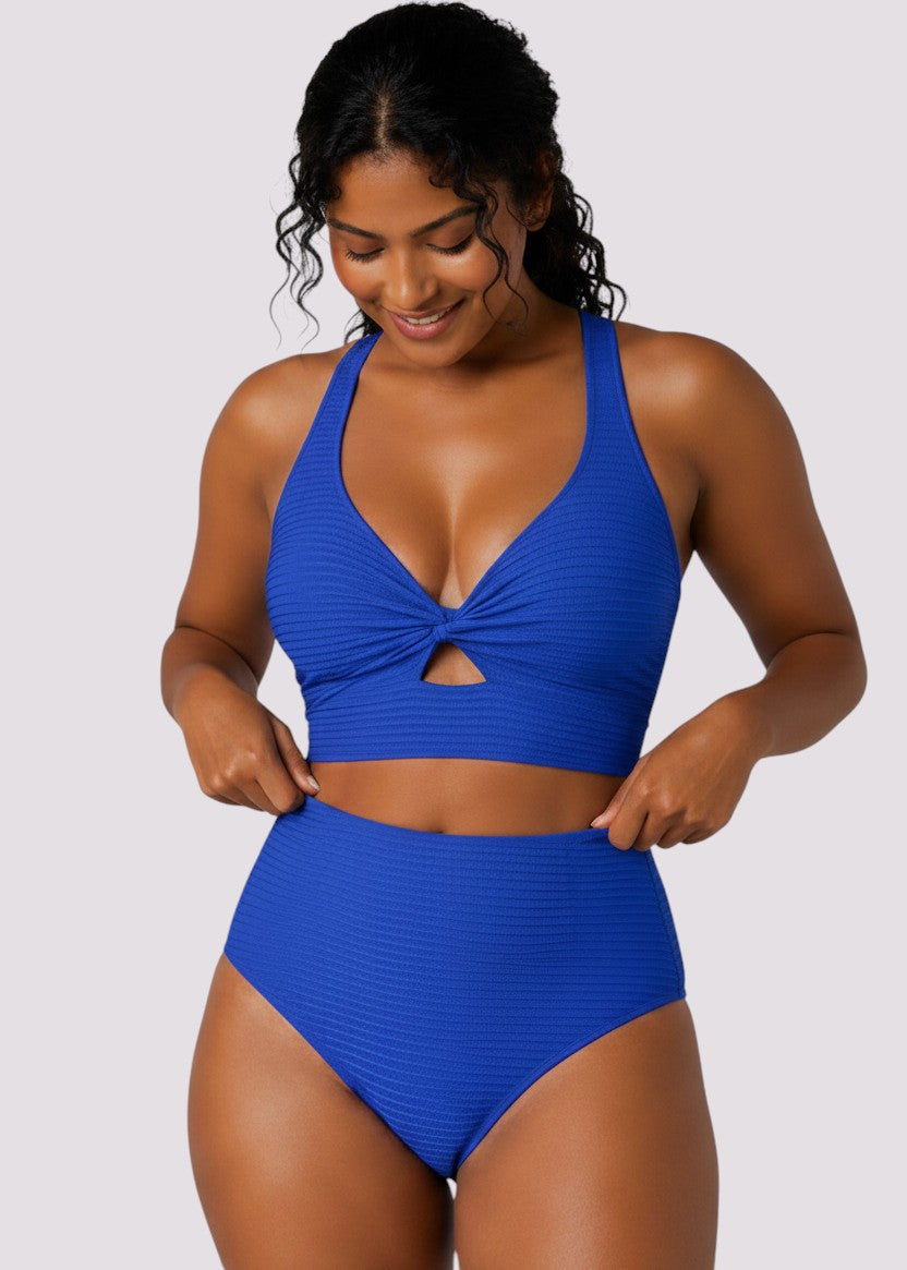Textured High Waisted Twist Front Bikini Set - Blue-Cheekkah