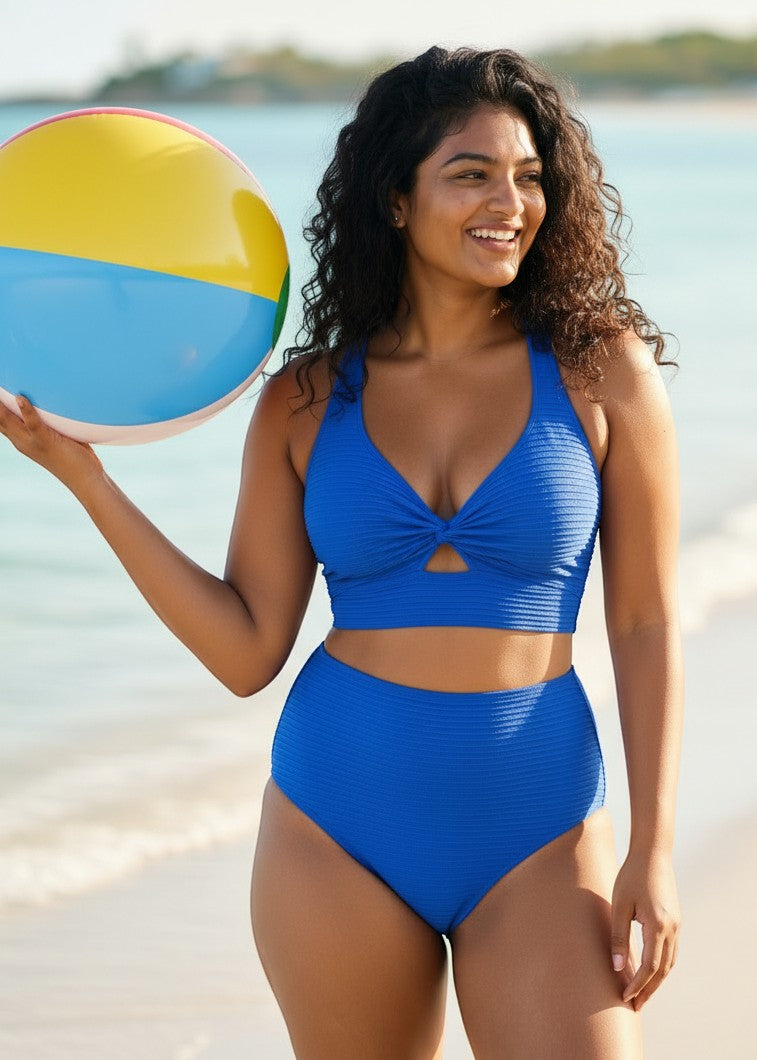 Textured High Waisted Twist Front Bikini Set - Blue-Cheekkah