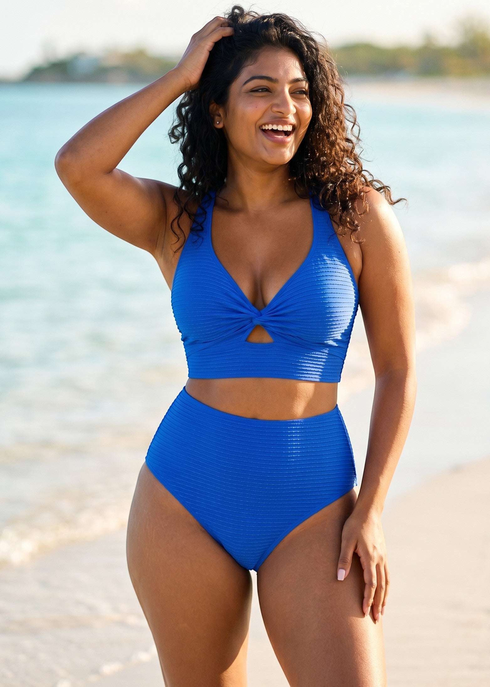 Textured High Waisted Twist Front Bikini Set - Blue-Cheekkah