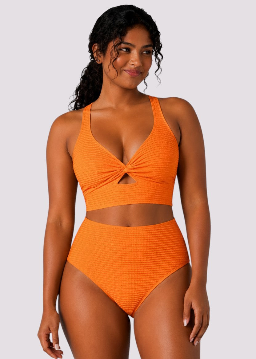 Textured High Waisted Twist Front Bikini Set - Orange-Cheekkah