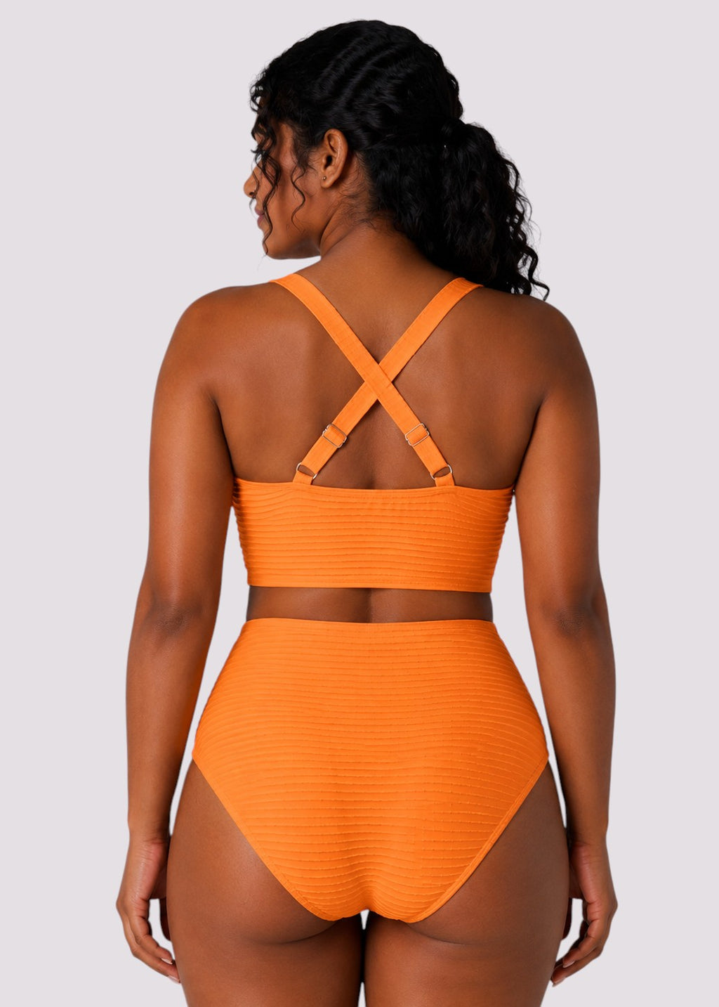 Textured High Waisted Twist Front Bikini Set - Orange-Cheekkah