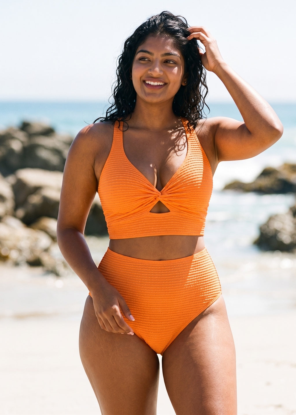 Textured High Waisted Twist Front Bikini Set - Orange-Cheekkah