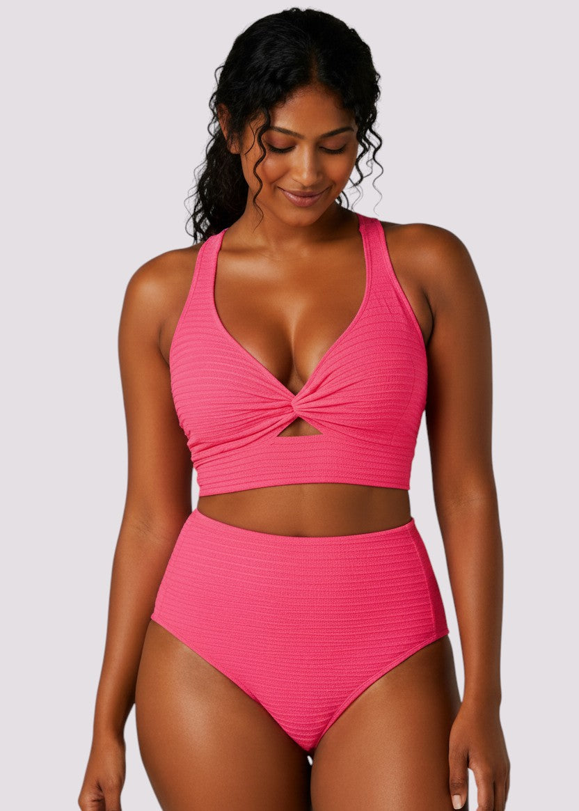 Textured High Waisted Twist Front Bikini Set - Pink