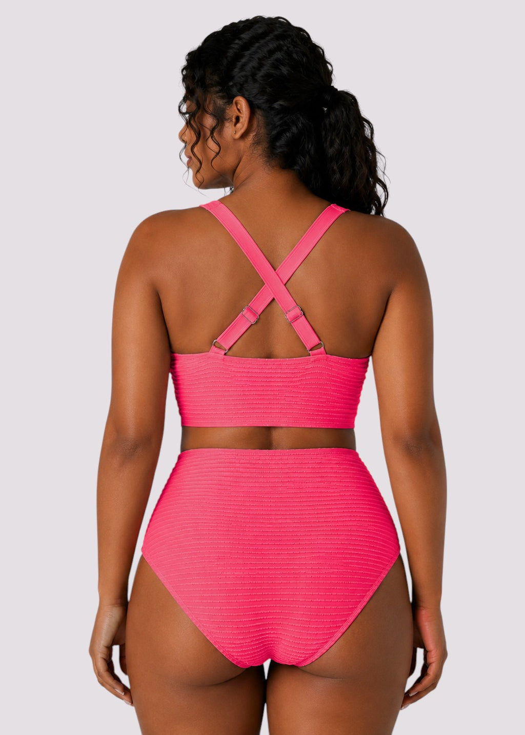 Textured High Waisted Twist Front Bikini Set - Pink