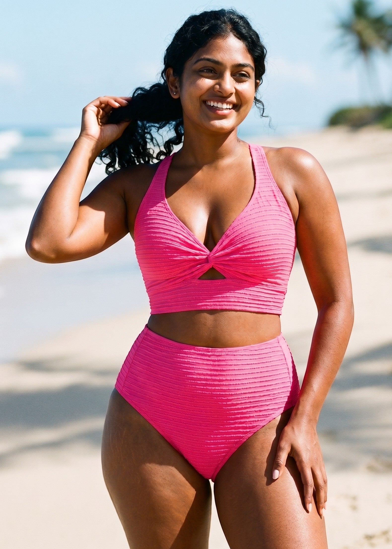 Textured High Waisted Twist Front Bikini Set - Pink