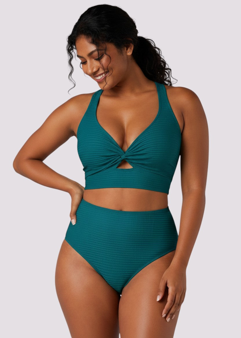 Textured High Waisted Twist Front Bikini Set - Teal-Cheekkah