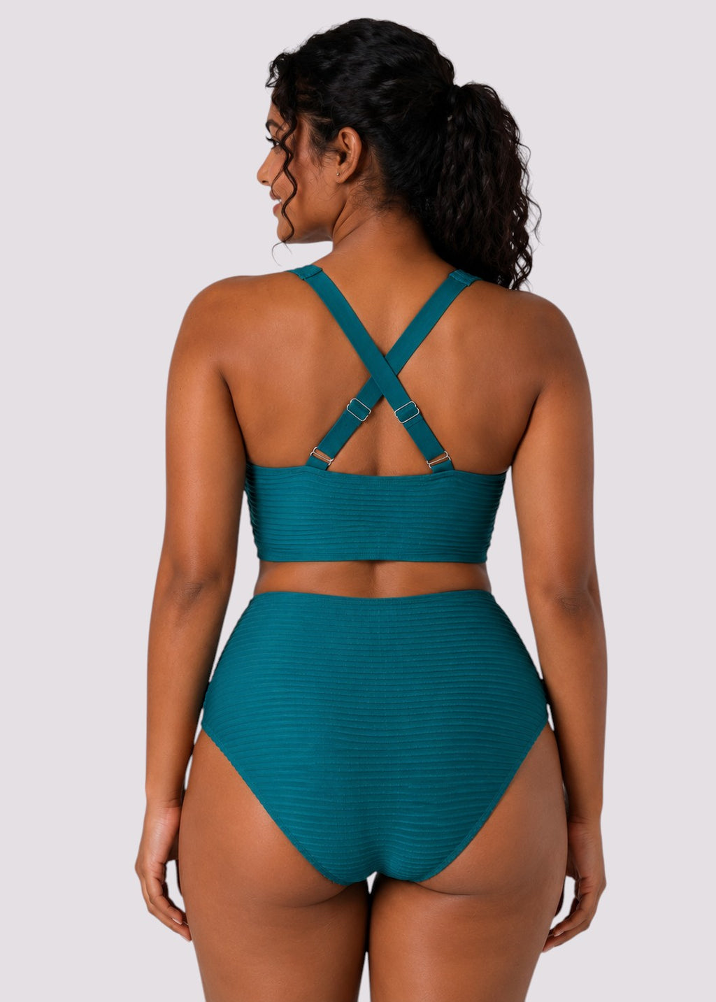 Textured High Waisted Twist Front Bikini Set - Teal-Cheekkah