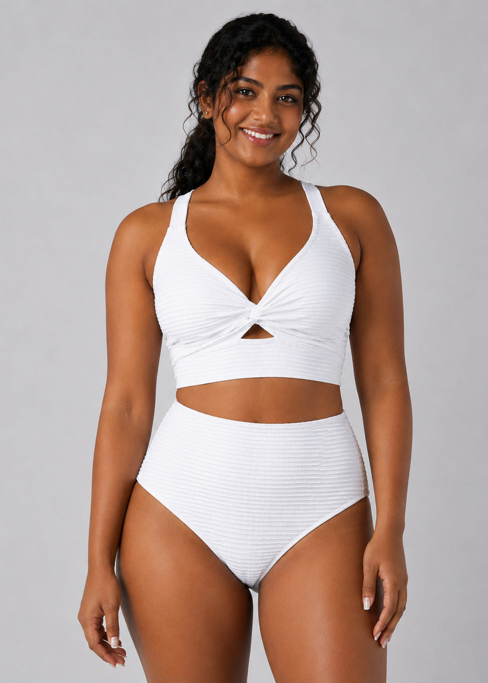 Textured High Waisted Twist Front Bikini Set - White-Cheekkah