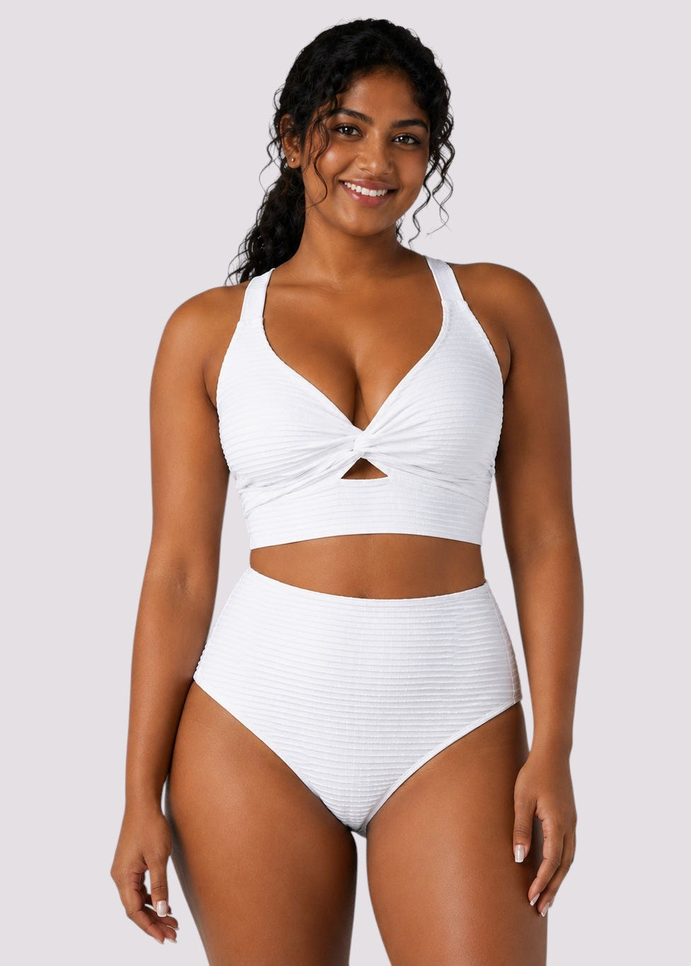 Textured High Waisted Twist Front Bikini Set - White-Cheekkah