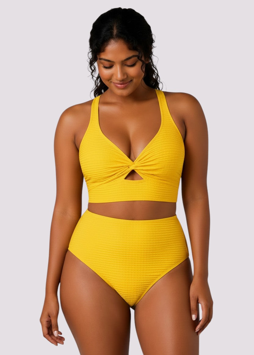 Textured High Waisted Twist Front Bikini Set - Yellow-Cheekkah