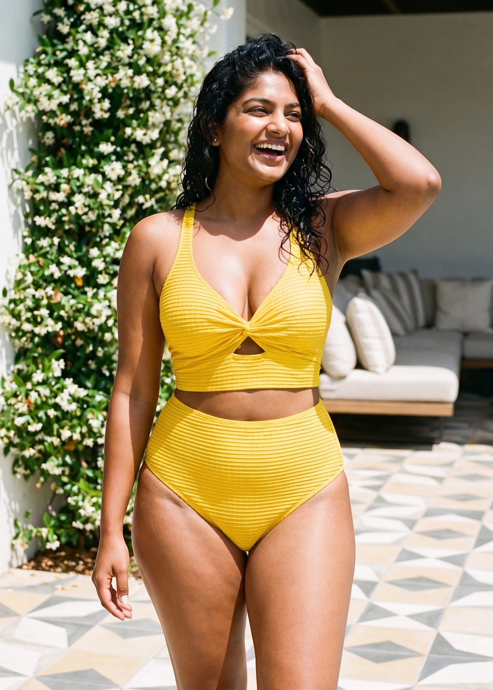 Textured High Waisted Twist Front Bikini Set - Yellow-Cheekkah
