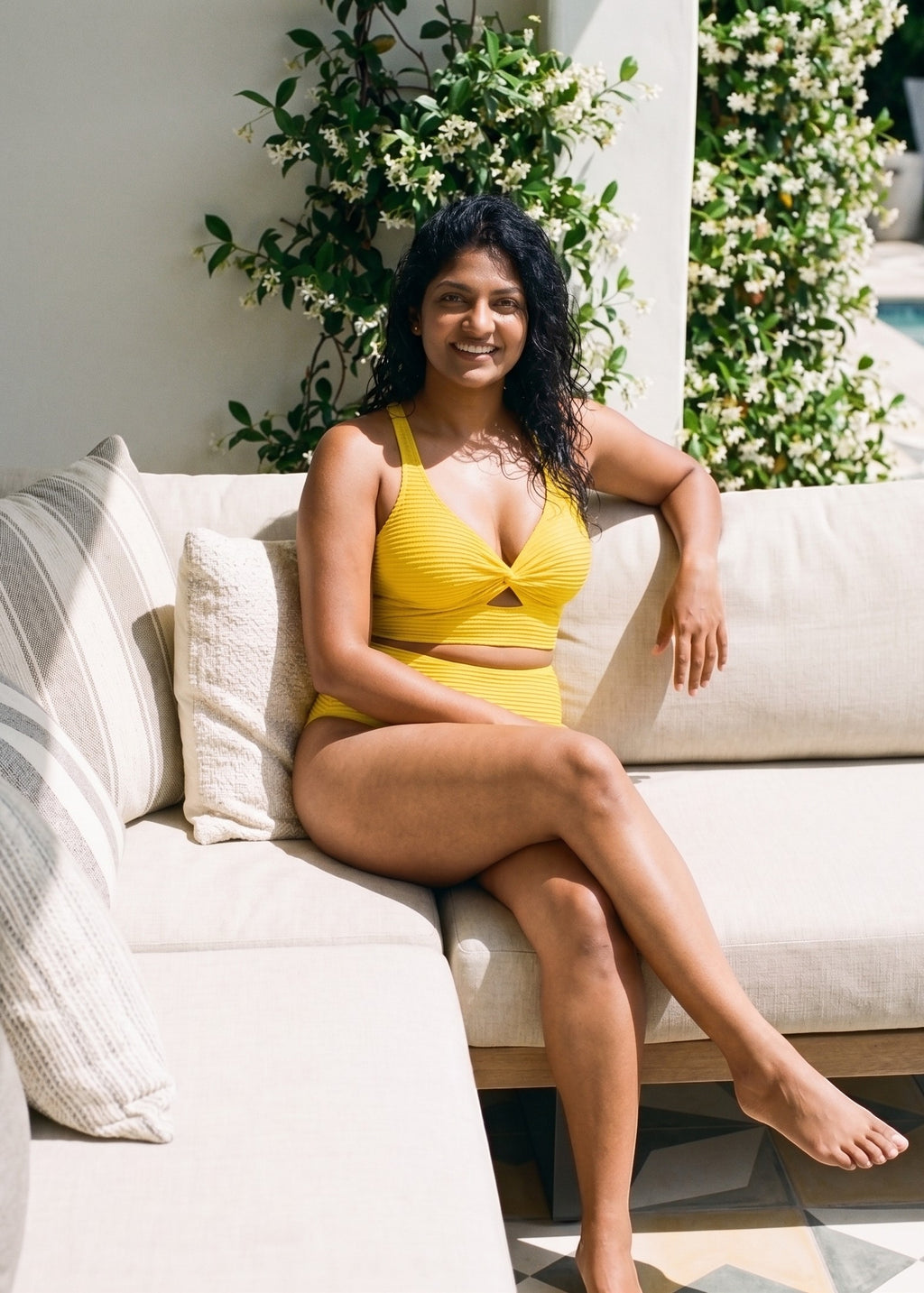 Textured High Waisted Twist Front Bikini Set - Yellow-Cheekkah