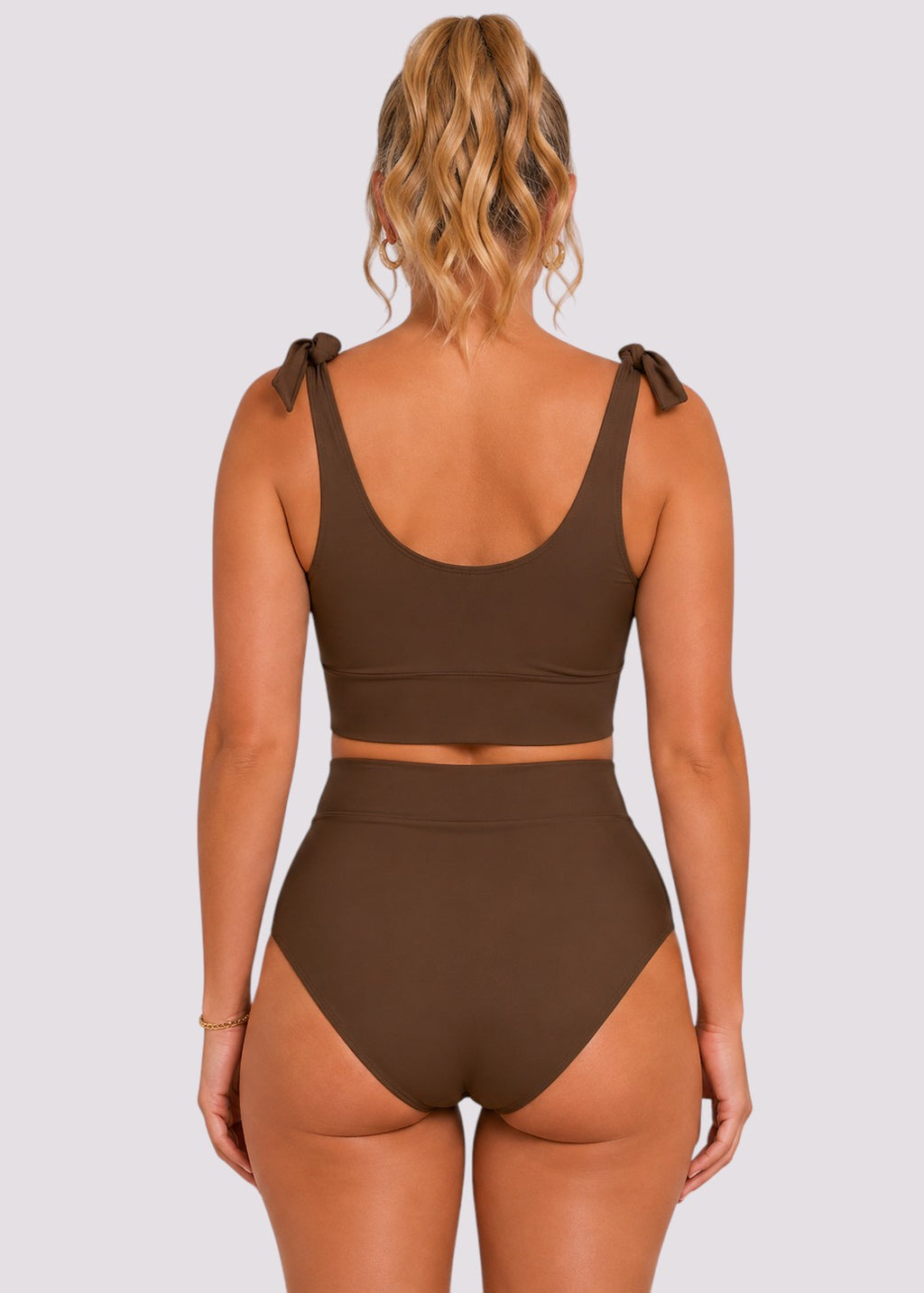 Tie Shoulder High Waisted Bikini Set - Brown