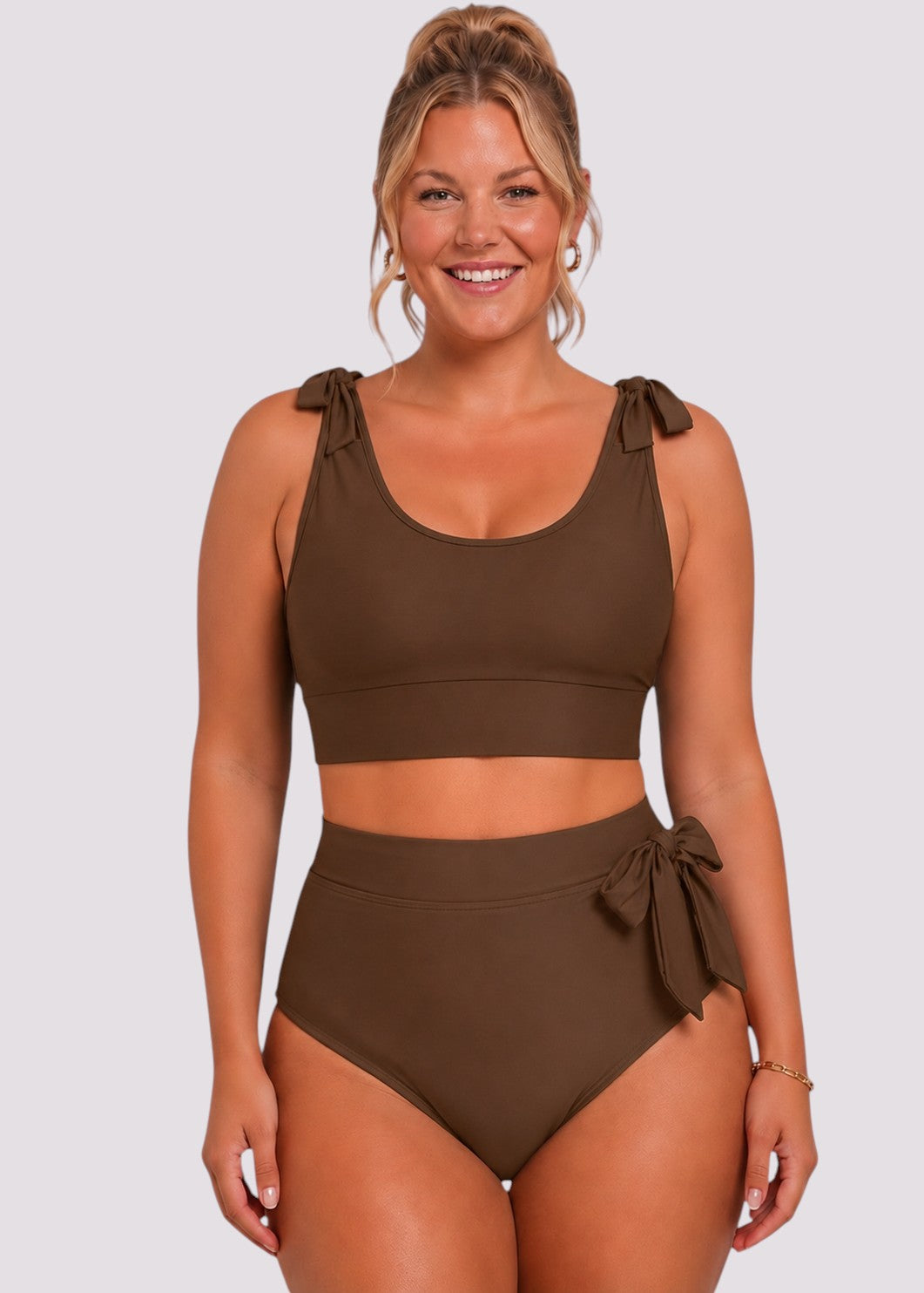 Tie Shoulder High Waisted Bikini Set - Brown