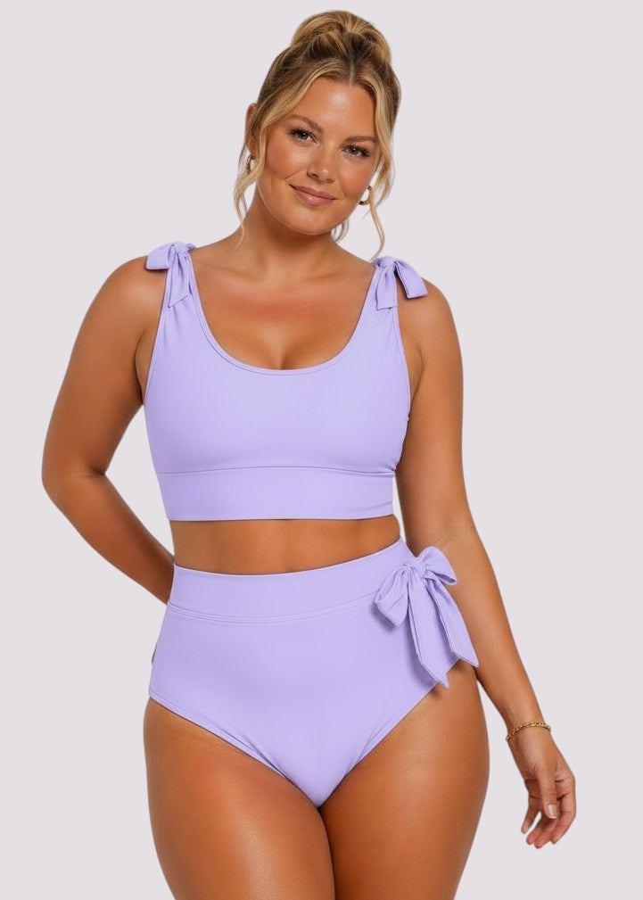 Tie Shoulder High Waisted Bikini Set - Light Purple