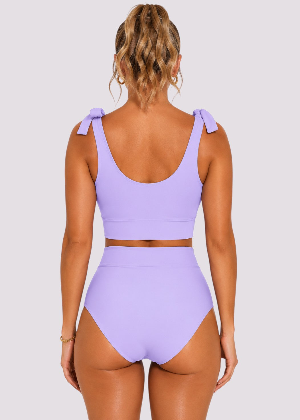 Tie Shoulder High Waisted Bikini Set - Light Purple