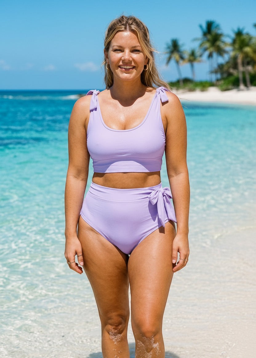 Tie Shoulder High Waisted Bikini Set - Light Purple