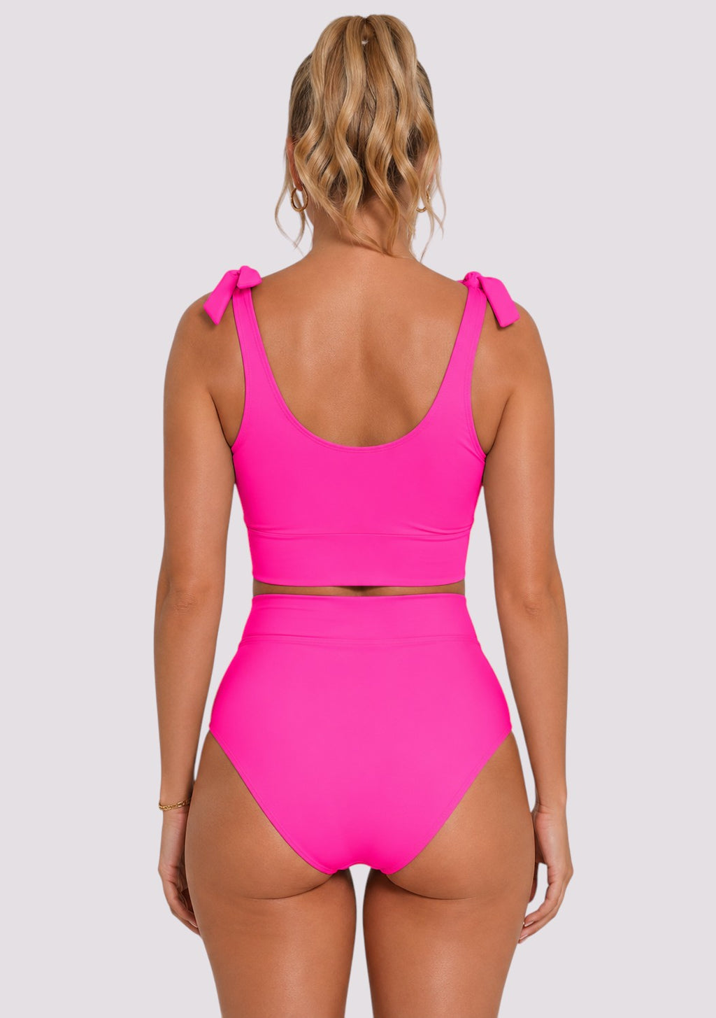 Tie Shoulder High Waisted Bikini Set - Pink