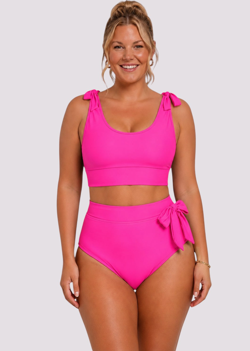 Tie Shoulder High Waisted Bikini Set - Pink