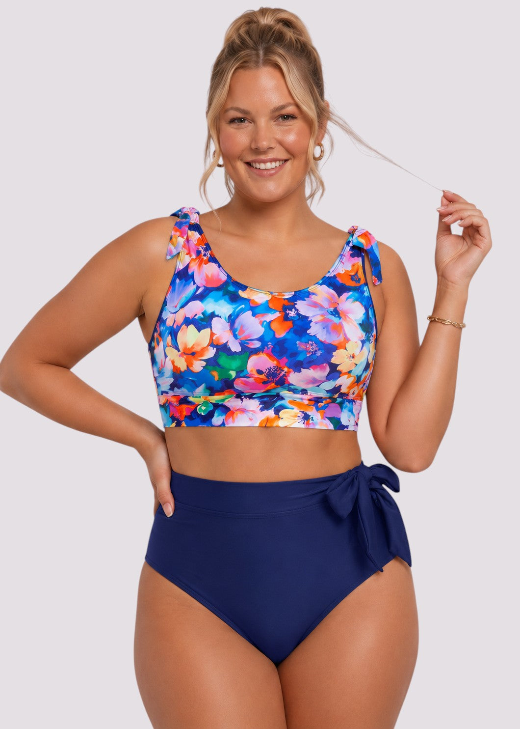 Tie Shoulder High Waisted Bikini Set - Poolside Posy-Cheekkah