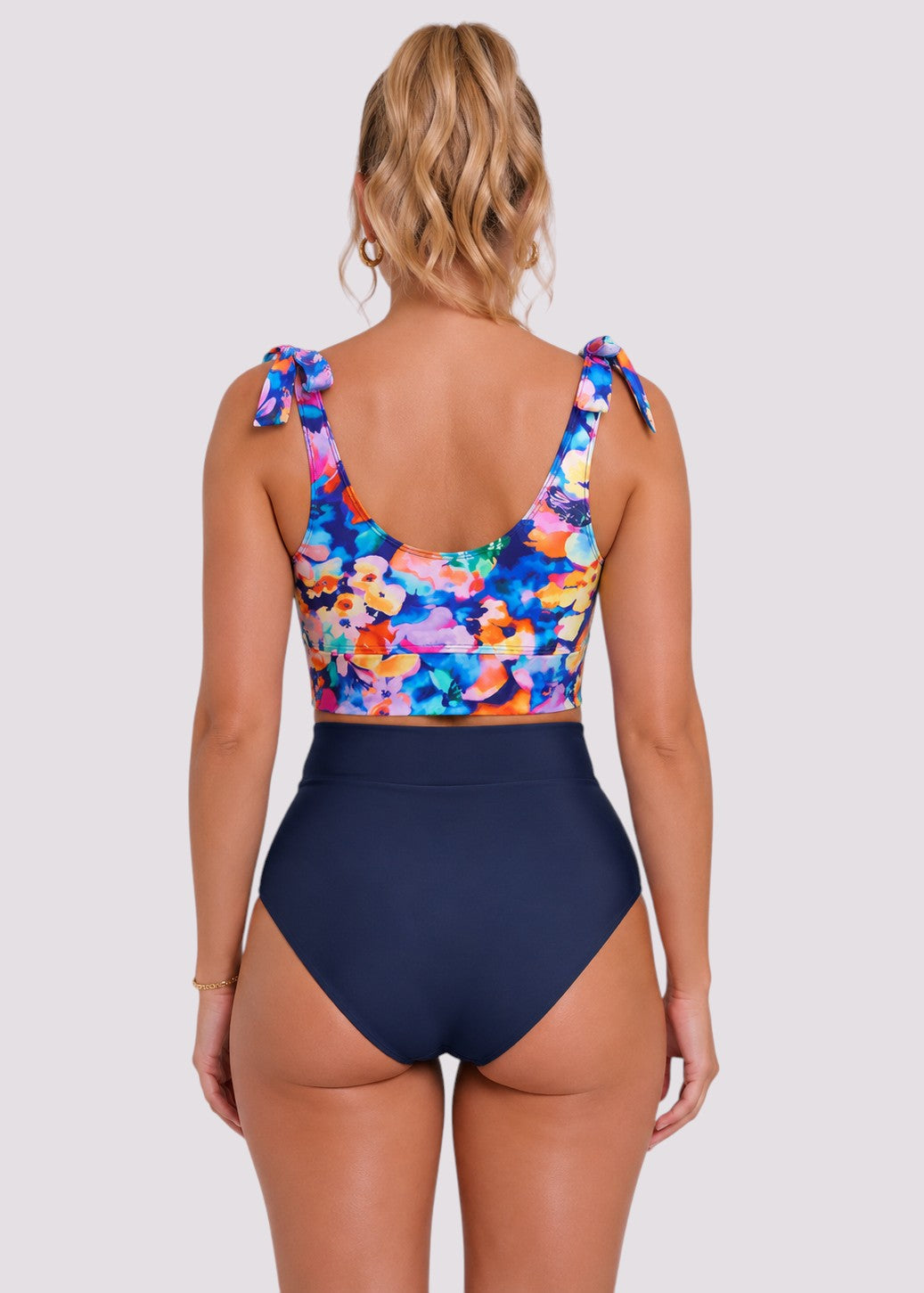 Tie Shoulder High Waisted Bikini Set - Poolside Posy-Cheekkah