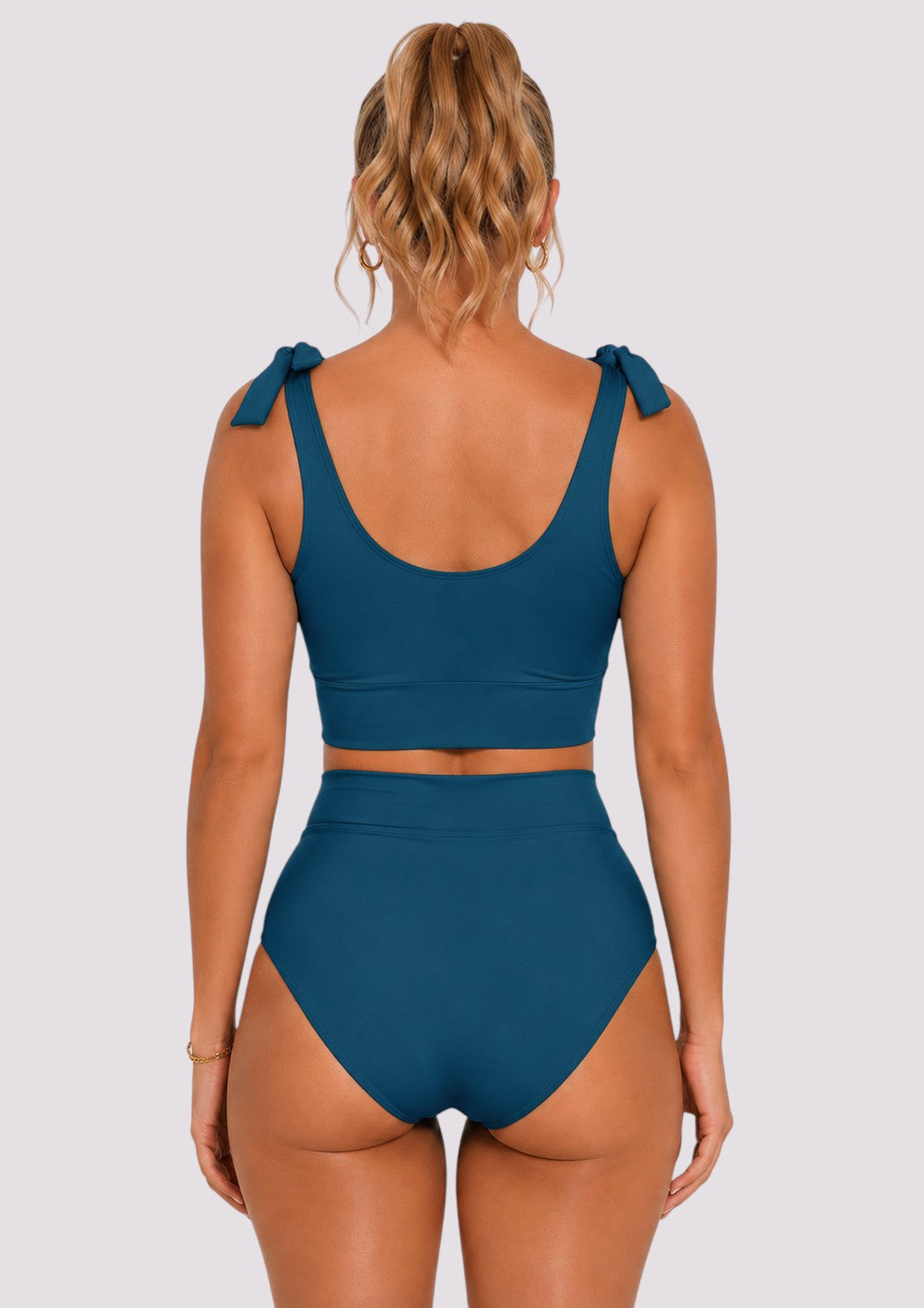 Tie Shoulder High Waisted Bikini Set - Teal