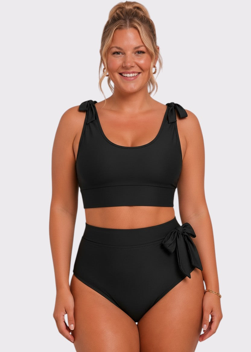 Tie Shoulder High Waisted Bikini Set - Black-Cheekkah