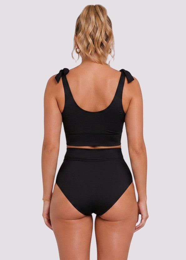 Tie Shoulder High Waisted Bikini Set - Black-Cheekkah