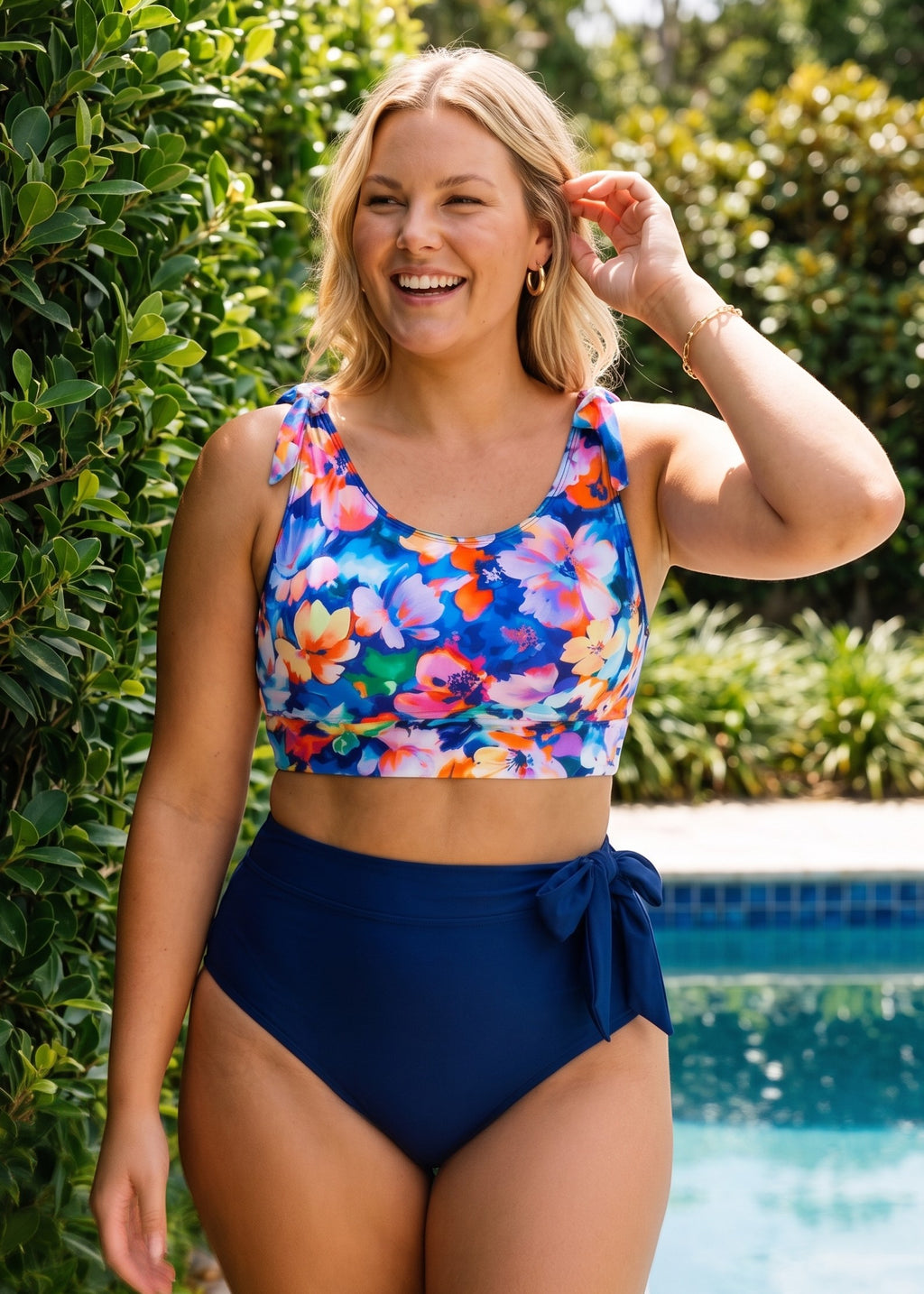 Tie Shoulder High Waisted Bikini Set - Poolside Posy-Cheekkah