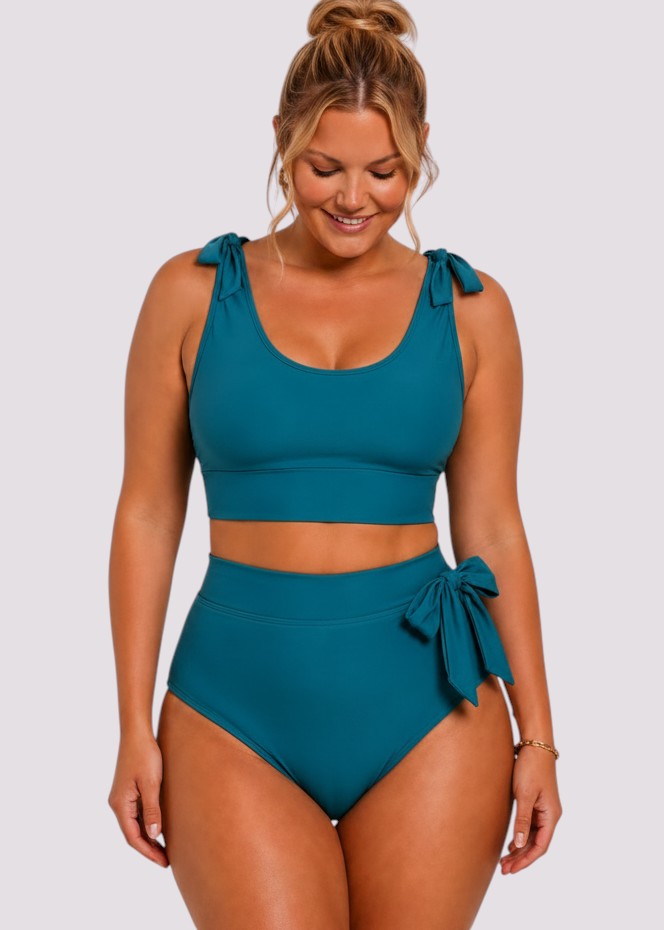 Tie Shoulder High Waisted Bikini Set - Teal