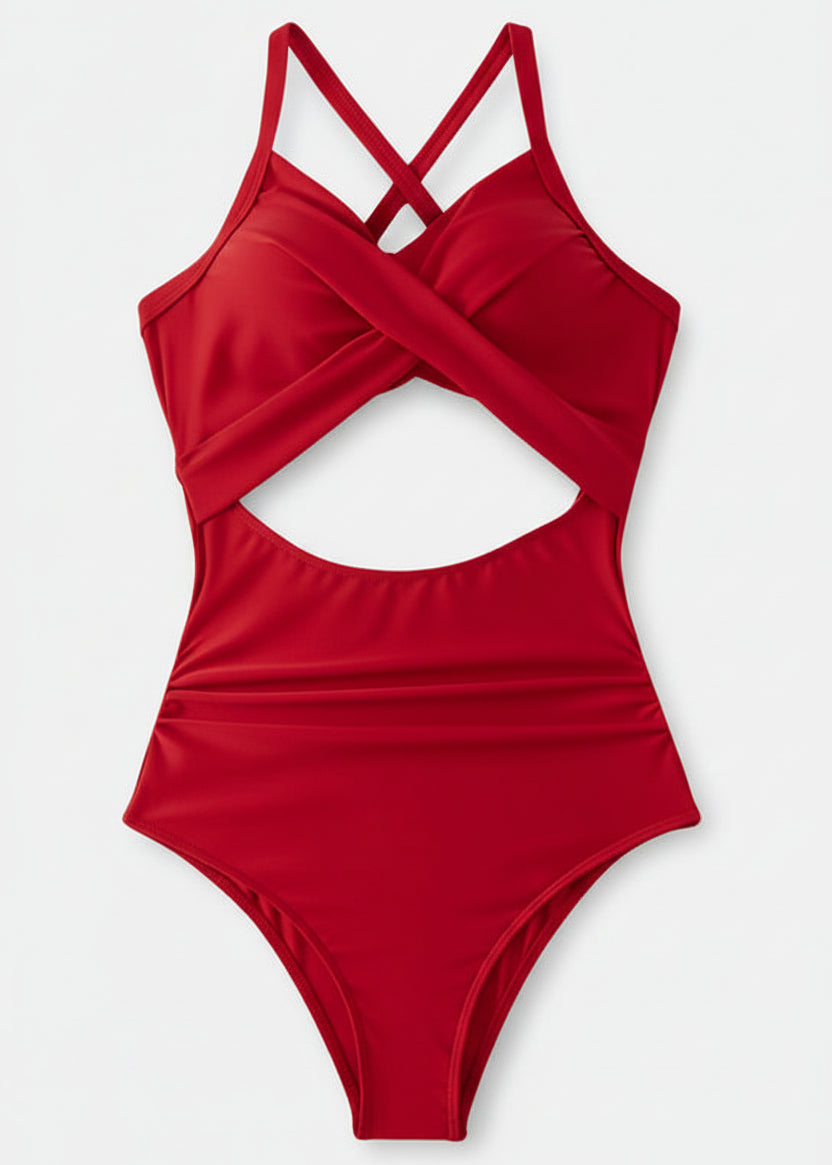 Twist Front Cut Out One Piece - Red-Cheekkah