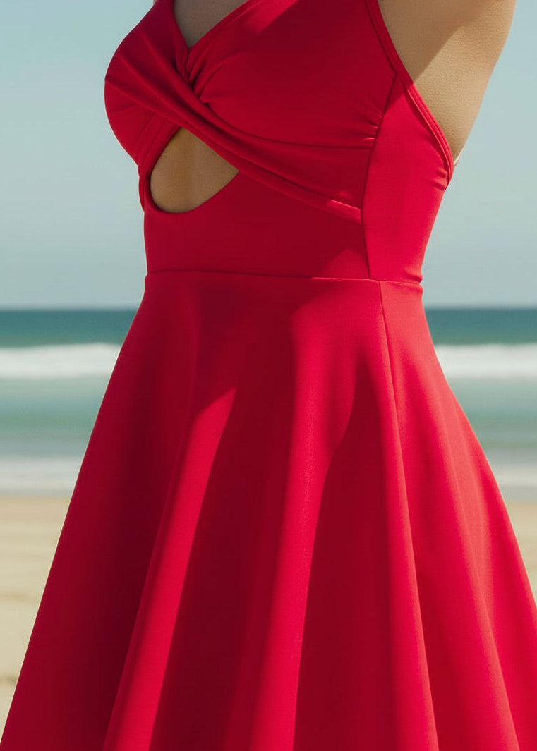 Twist Front Cut Out Swim Dress - Red-Cheekkah