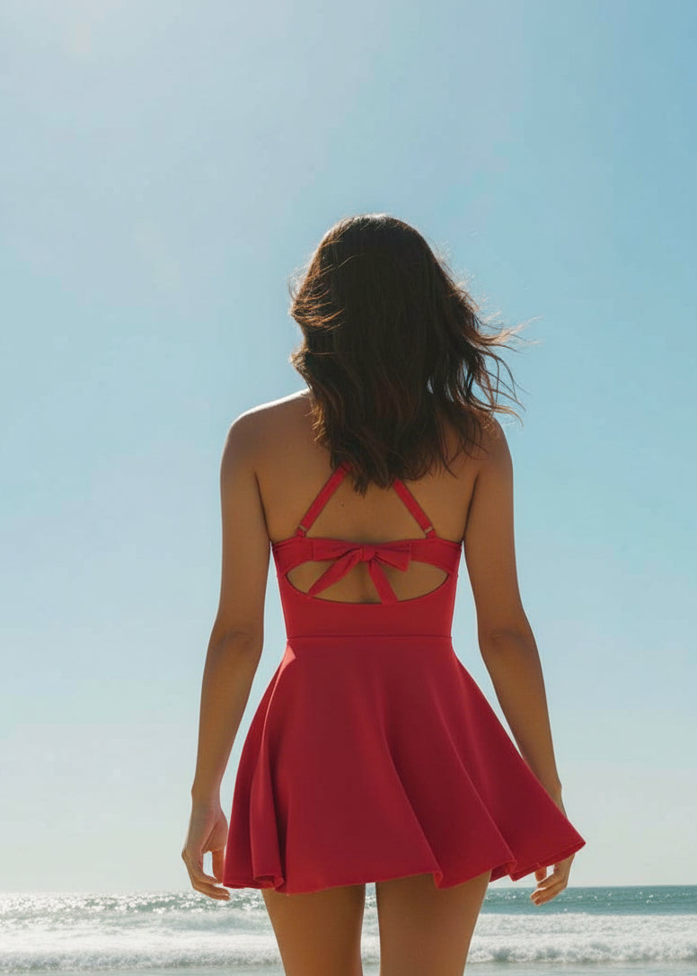 Twist Front Cut Out Swim Dress - Red-Cheekkah