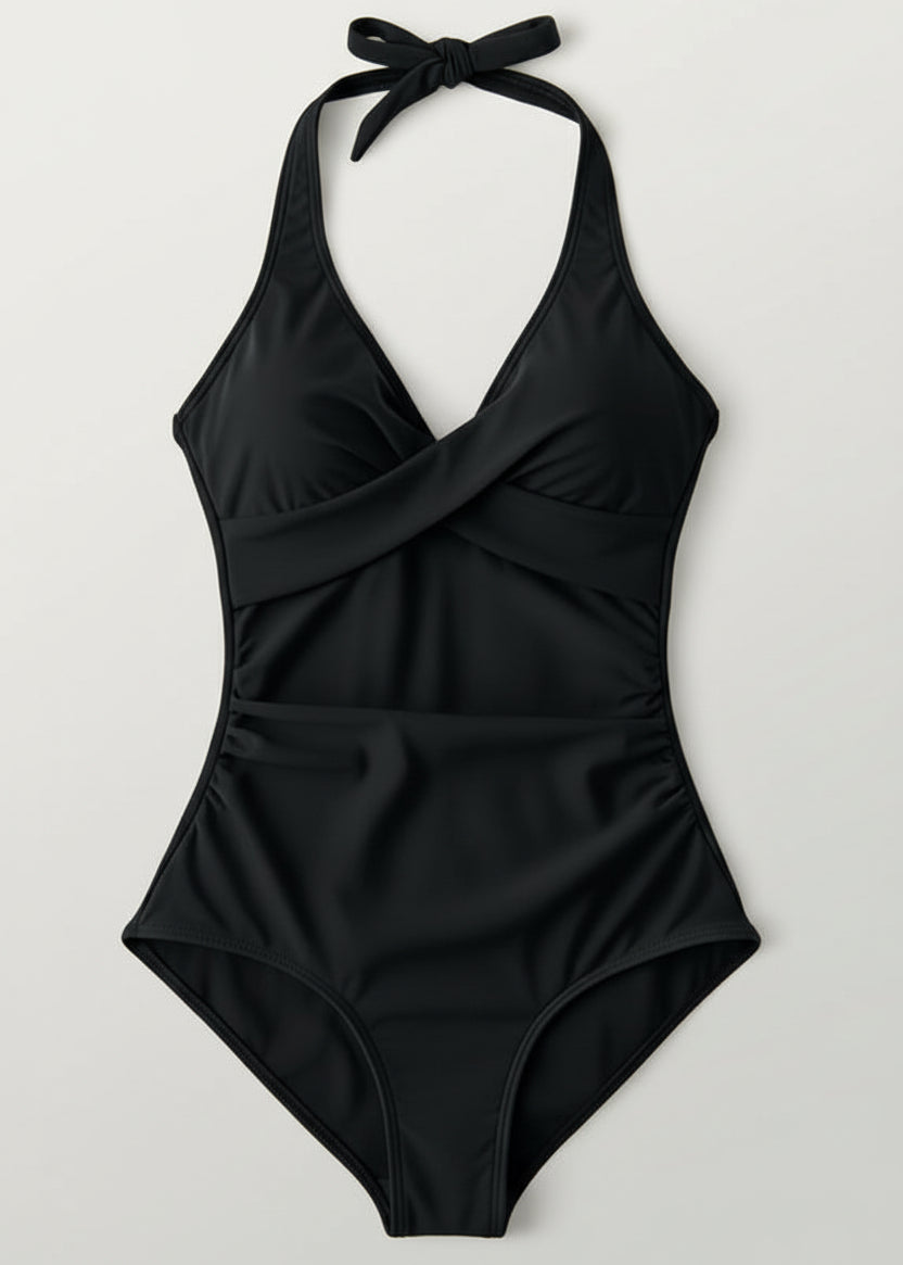 Twist Front Halter Ruched One Piece - Black-Cheekkah