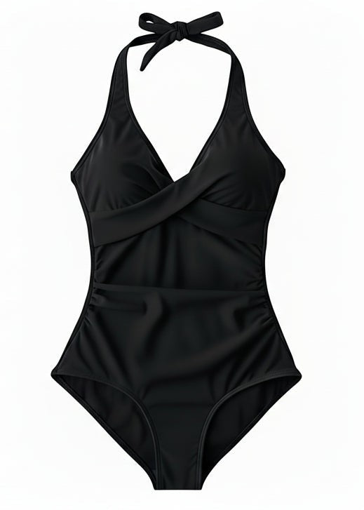 Twist Front Halter Ruched One Piece - Black-Cheekkah