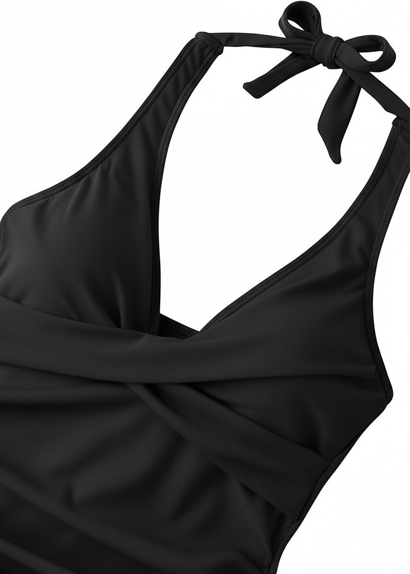 Twist Front Halter Ruched One Piece - Black-Cheekkah