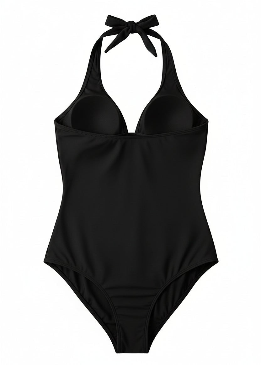 Twist Front Halter Ruched One Piece - Black-Cheekkah